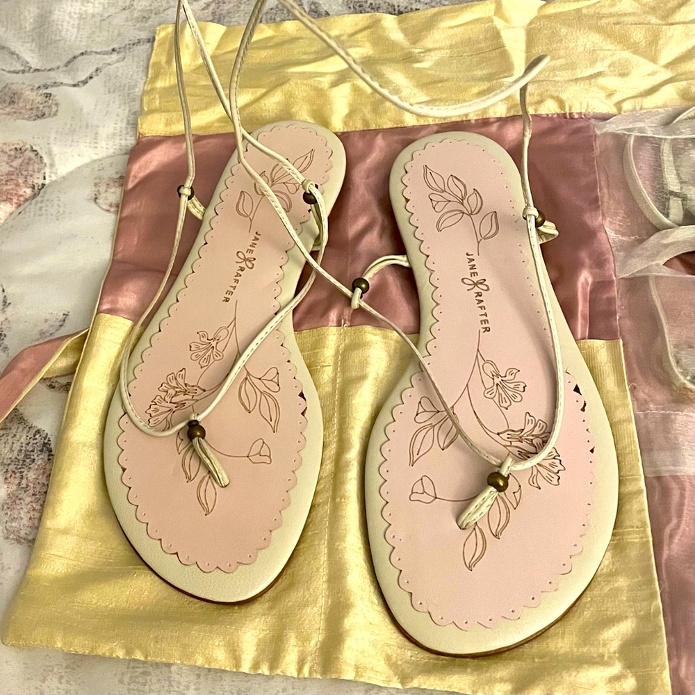 NWT Jane Rafter Slinks cream & dusty pink leather sandals siz 6,5 or 37 designer